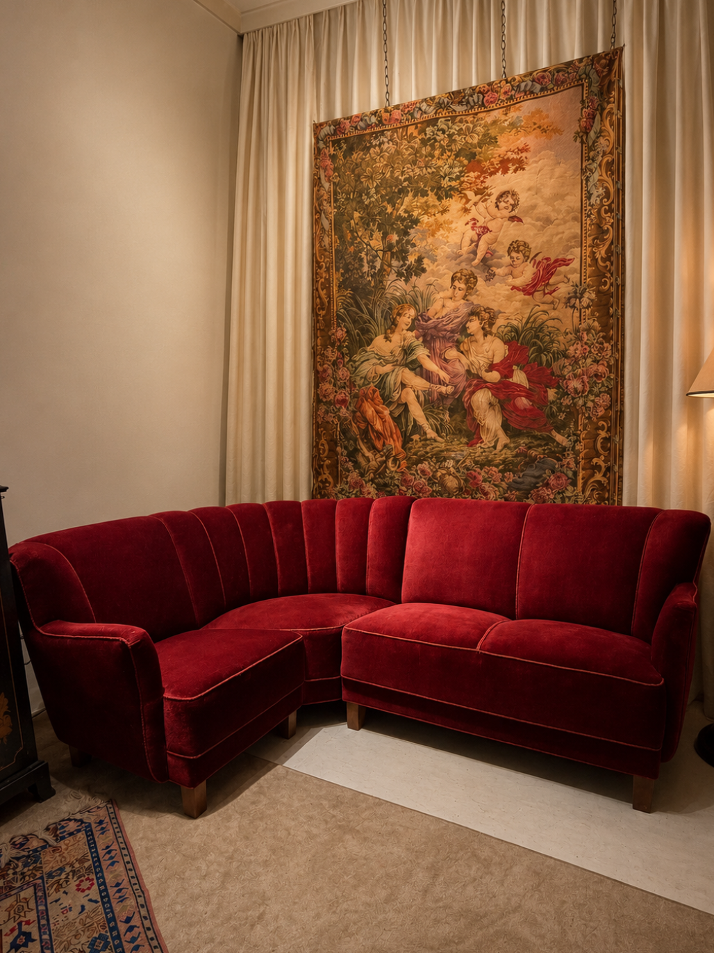 DANISH RED VELOUR SECTIONAL SOFA