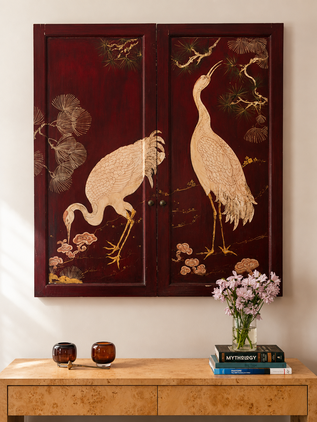 PAIR OF ANTIQUE CRANE PANELS