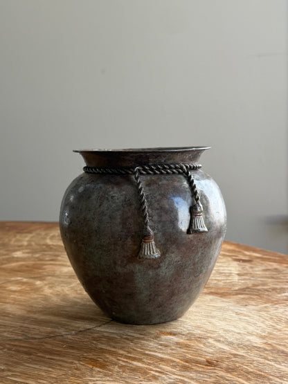 PATINATED VESSEL WITH TASSEL DETAIL