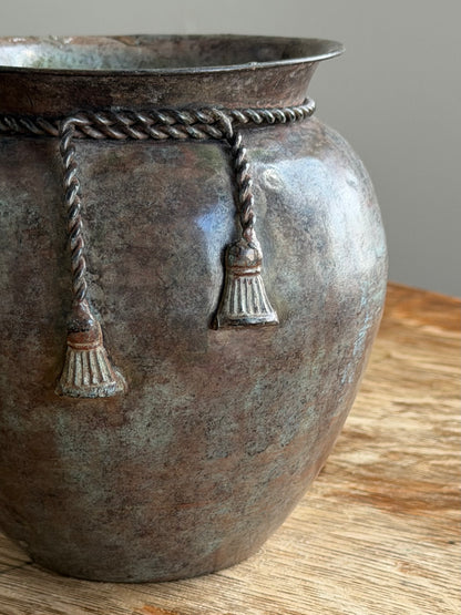 PATINATED VESSEL WITH TASSEL DETAIL