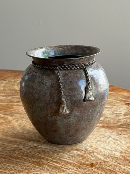 PATINATED VESSEL WITH TASSEL DETAIL