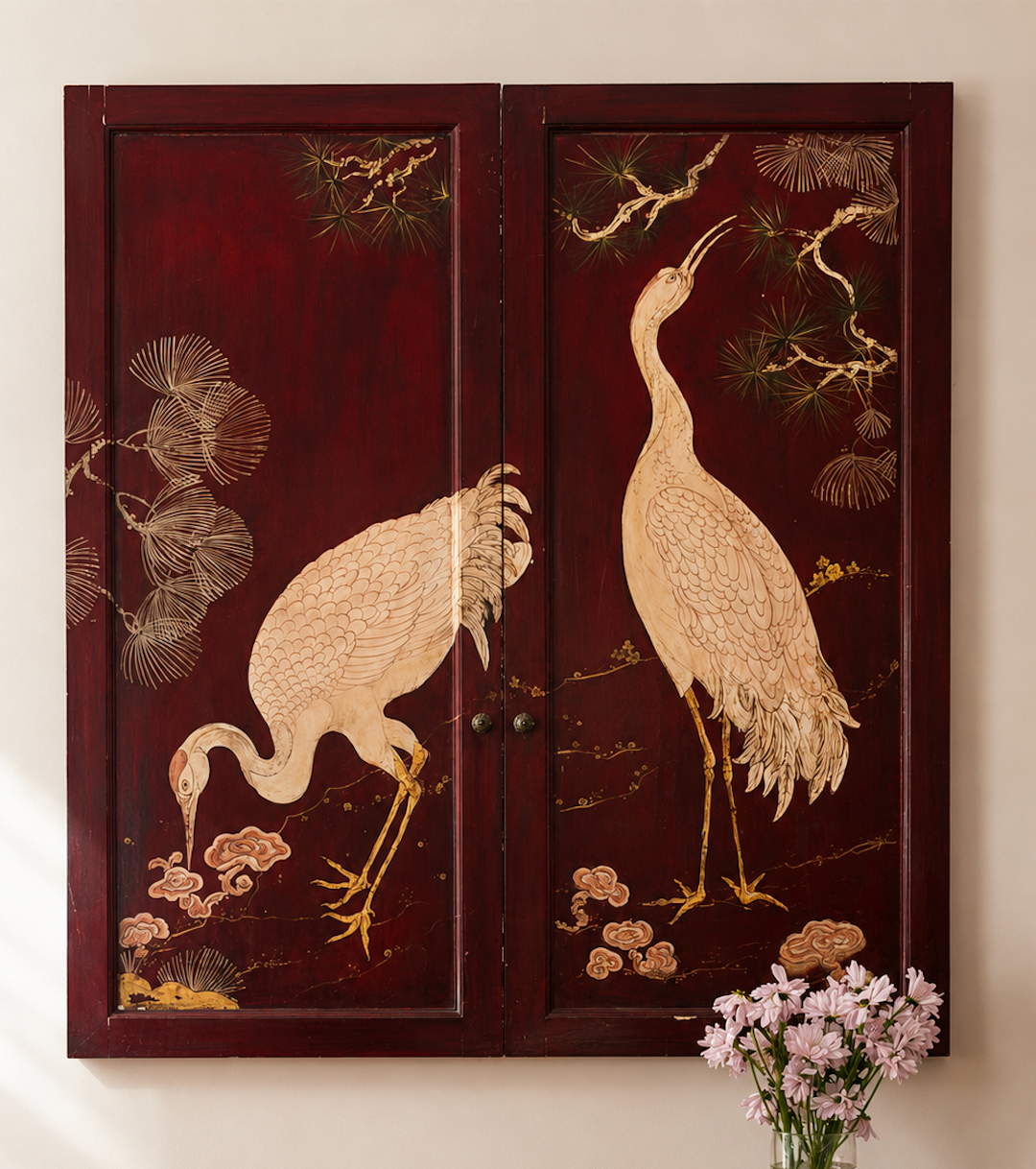 PAIR OF ANTIQUE CRANE PANELS